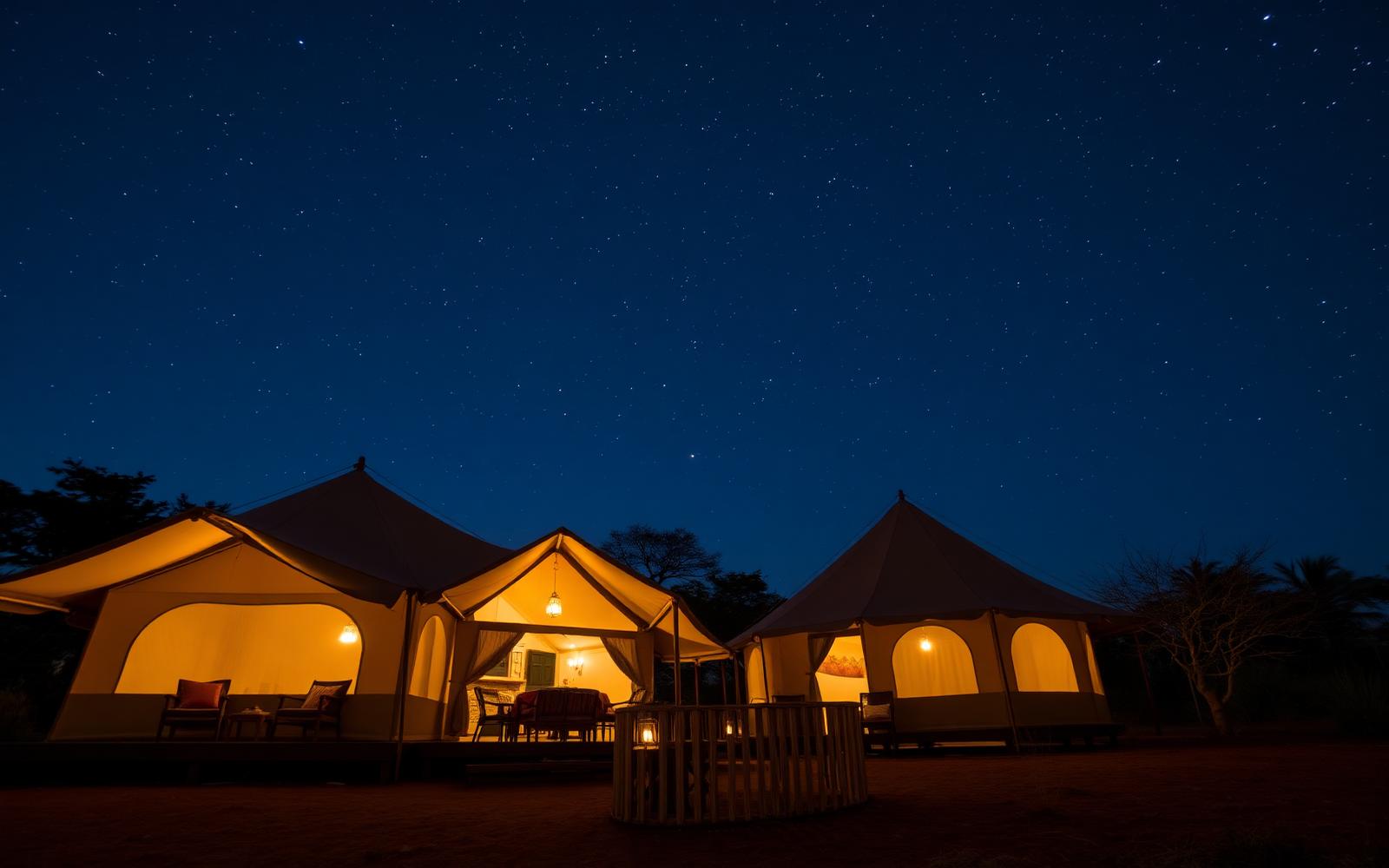 Luxury safari camp at night